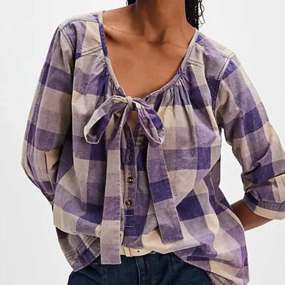 NWT $128 Free People We The Free Big Bow Plaid Pullover Tunic Shirt Size Medium - Picture 1 of 10